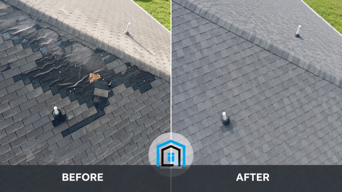 The same roof before and after a storm-damage replacement by First Choice Roofing