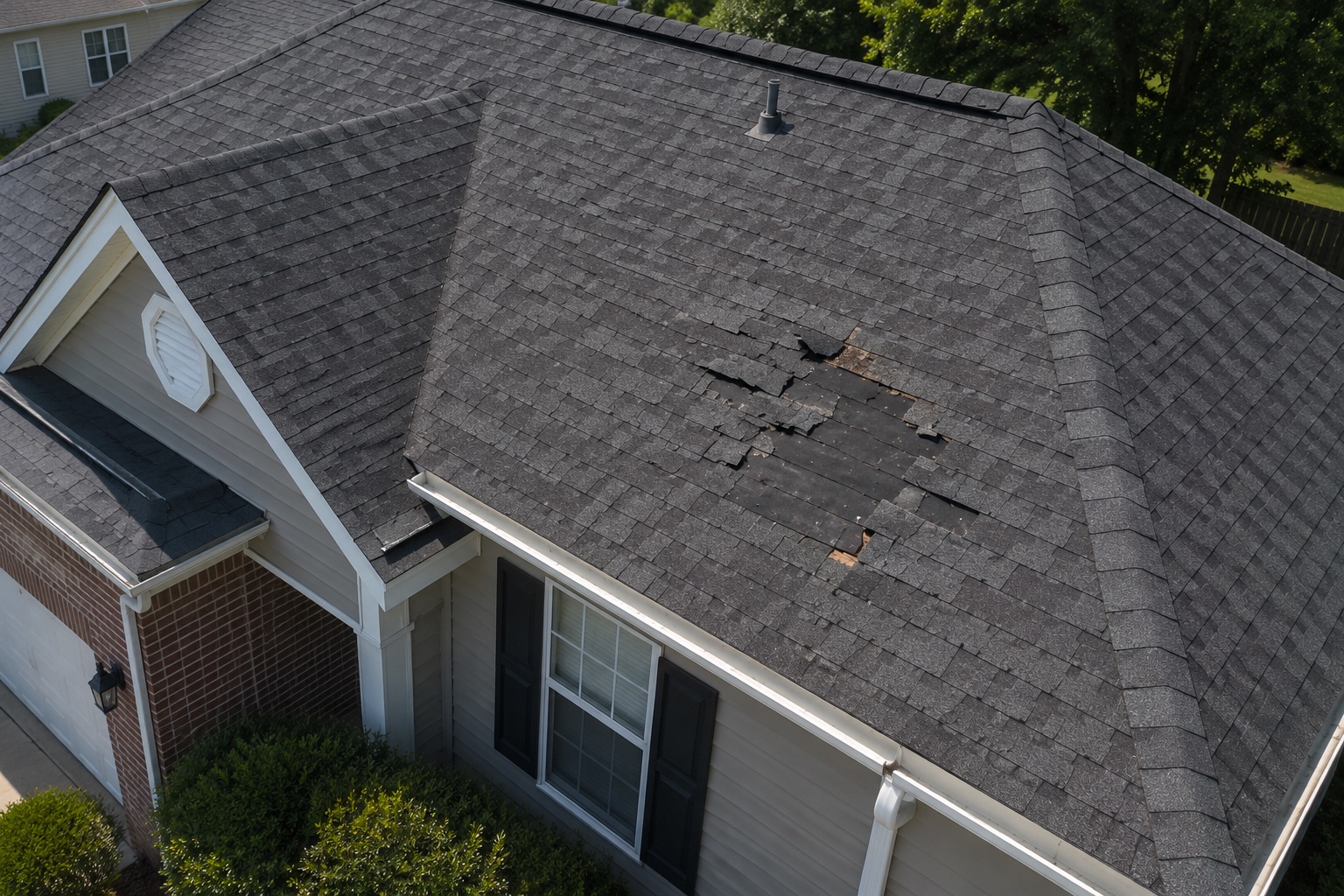 Drone photograph documenting missing shingles for an insurance adjuster